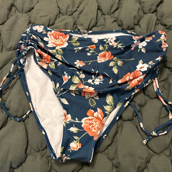Floral High-Waisted Bikini Bottoms Only- Orange and Blue - Picture 2 of 3